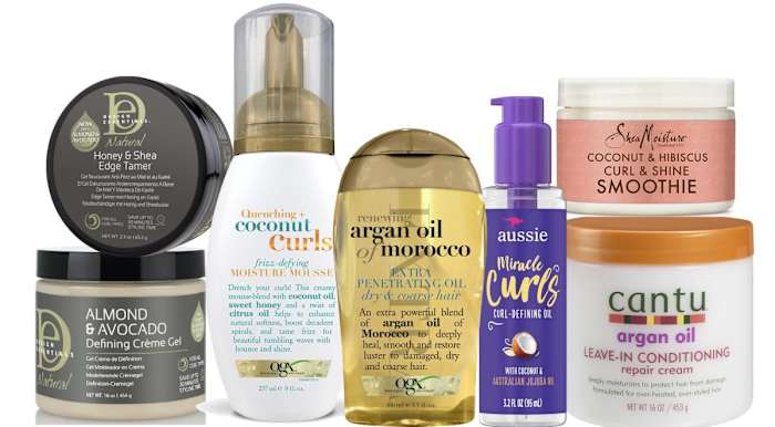 Images courtesy. Design Essentials Honey & Shea Edge Tamer, Design Essentials Natural Almond & Avocado Curl Strengthening Cream, OGX Quenching + Coconut Curls Frizz-Defying Moisture Mousse, OGX Renewing Argan Oil Oil of Morocco Extra Penetrating Oil, Aussie Miracle Curls Curl - Defining Oil, Shea Moisture Curl and Shine Smoothie, Cantu Argan Oil Leave-In Conditioning Repair Cream